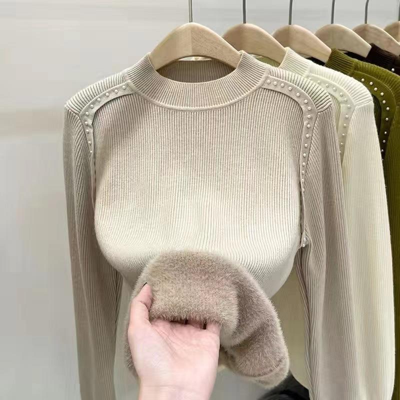 Fleece semi-turtleneck sweater women's integrated fleece bottoming sweater autumn and winter new beaded knitted sweater with thick top inside