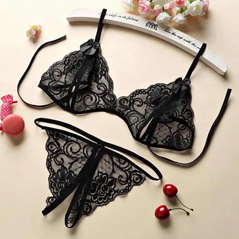 Sexy Lingerie Women Lace Hollow Bra Set Erotic Costumes Teddy Baby Doll Dress Deep V Open Bra Sleepwear Exotic Apparel Pajamas