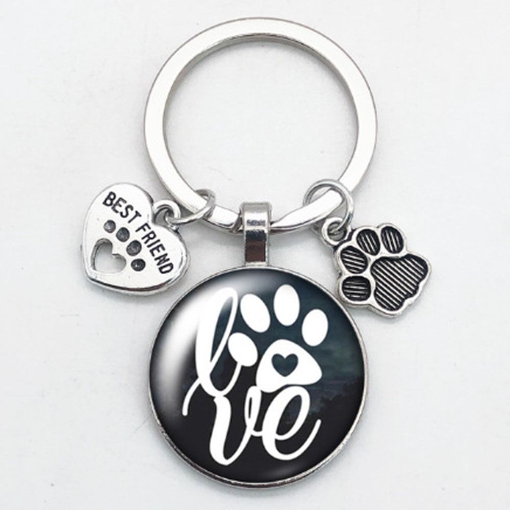 Cartoon Glass Cabochon Key Ring Love Cat Pet Footprints Key Holder Car Key Chain  Bag Hanging