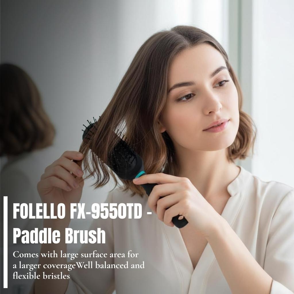 FOLELLO Premium Collection Round Paddle Hair Brush for Men & Women (Black), Detangler Comb for All Hair Types, Unisex Hair Comb, Hair Brush for Adul