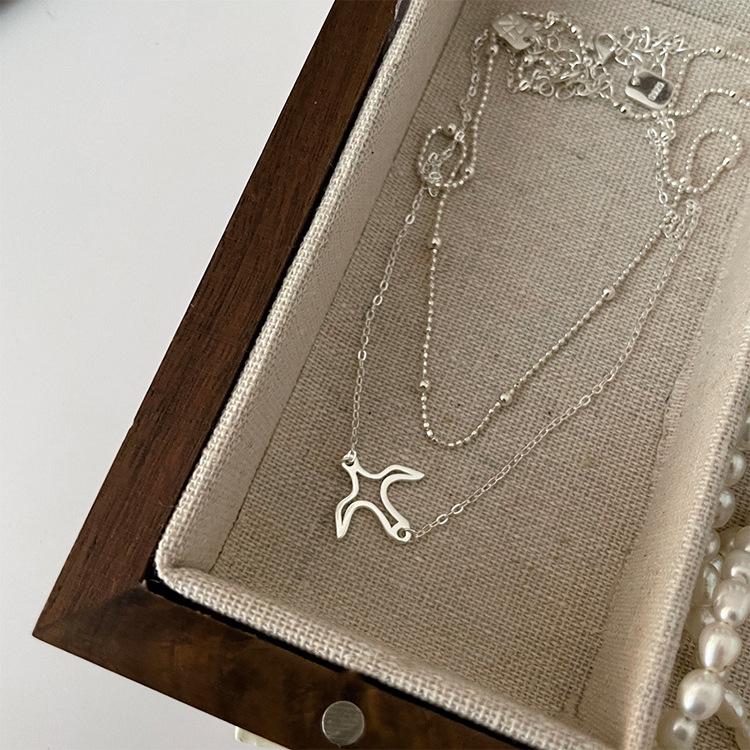 Namdaemun S925 Sterling Silber Schwalben Halskette: Damen Hohl Choker mit Runder Perlenkette