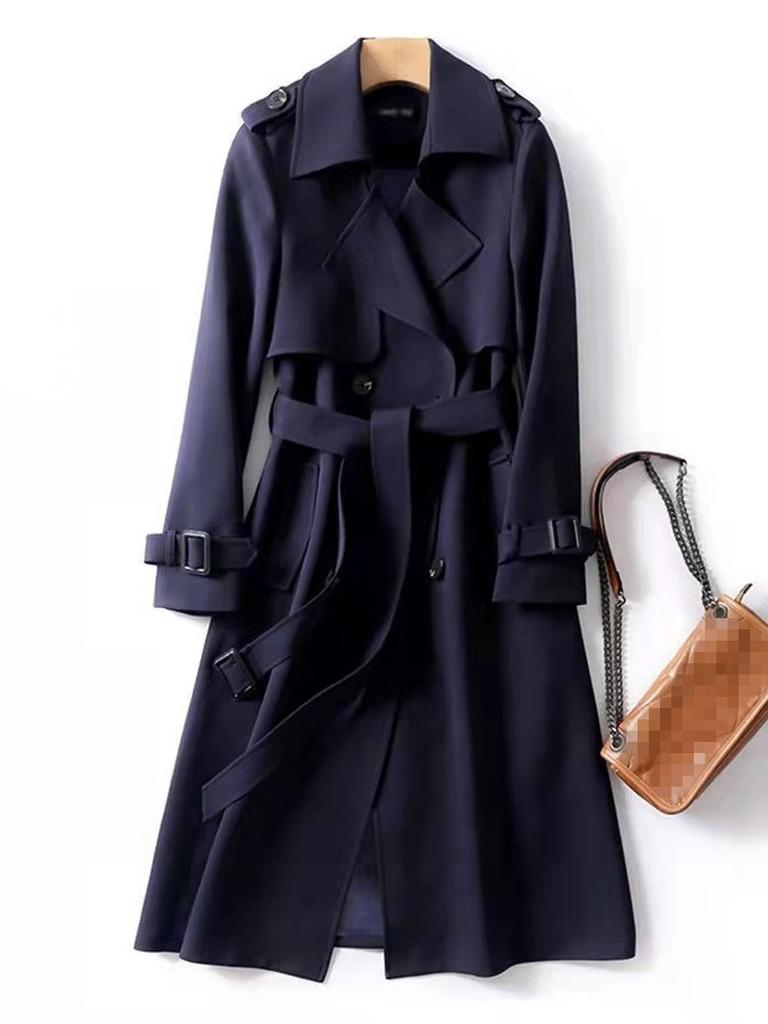 Women's Long Trench Coat Autumn Spring Korean Style Petite British Style Over Knee Dress Coat Jacket