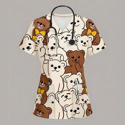 Cartoon Dier Verzorging Scrubs Tops Dames Verpleegkundige Uniform Dames Mode V-hals Zak Overalls Medische Uniformen Uniforme Enfermera