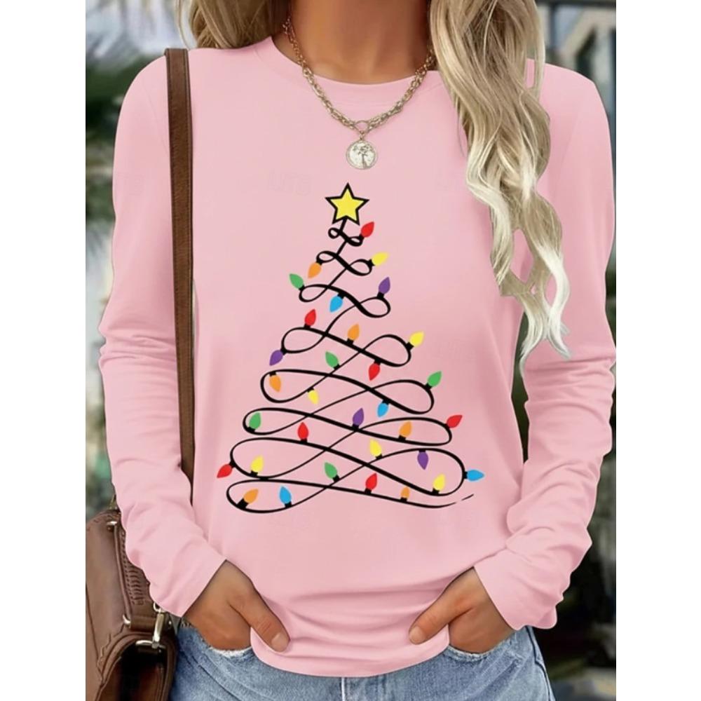 Tops for Women Christmas print Round Neck Long Sleeve T-shirt Fall Casual Slim Pullover Women's Long Sleeve Top