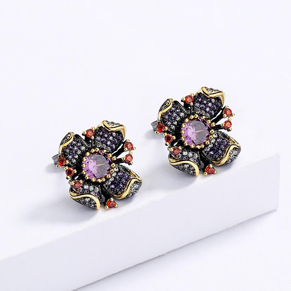 New Personality Flower-Shaped Earrings Fashion Sunflower Purple Zircon Black Gold Earrings Wedding Party Jewelry Gift
