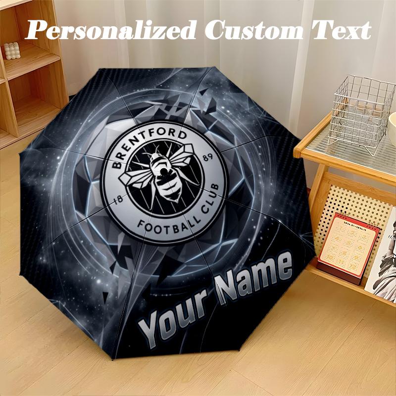 8 Rib Auto Folding Umbrella Brentford Football Print Custom Name Text Portable Rain Gear