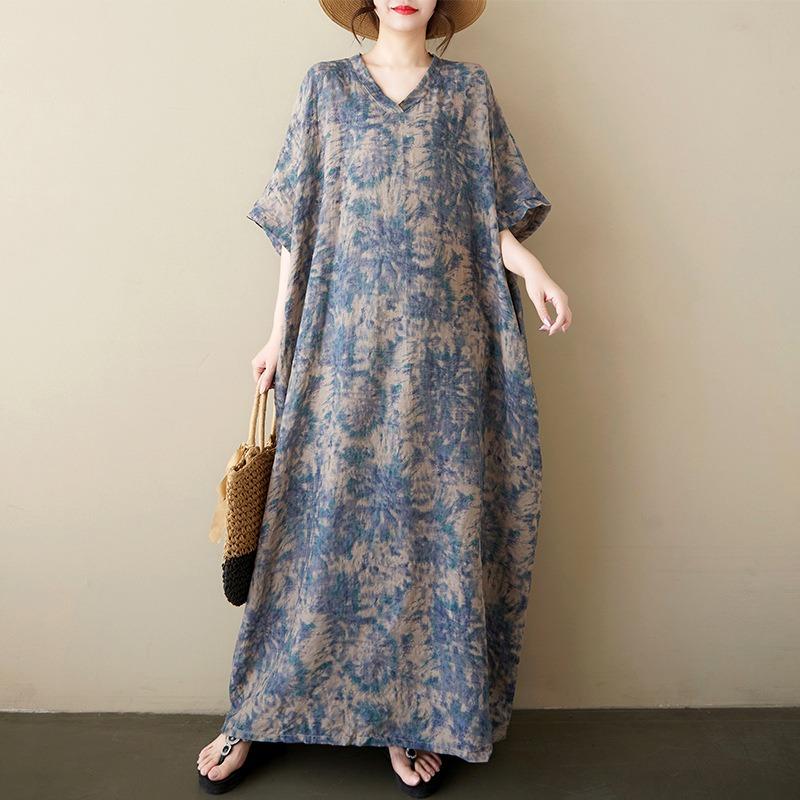 Summer New Cotton and Linen Literary and Retro V-neck Printed Shoulder Sleeves Large Size Casual Foreign Trade Dress Women