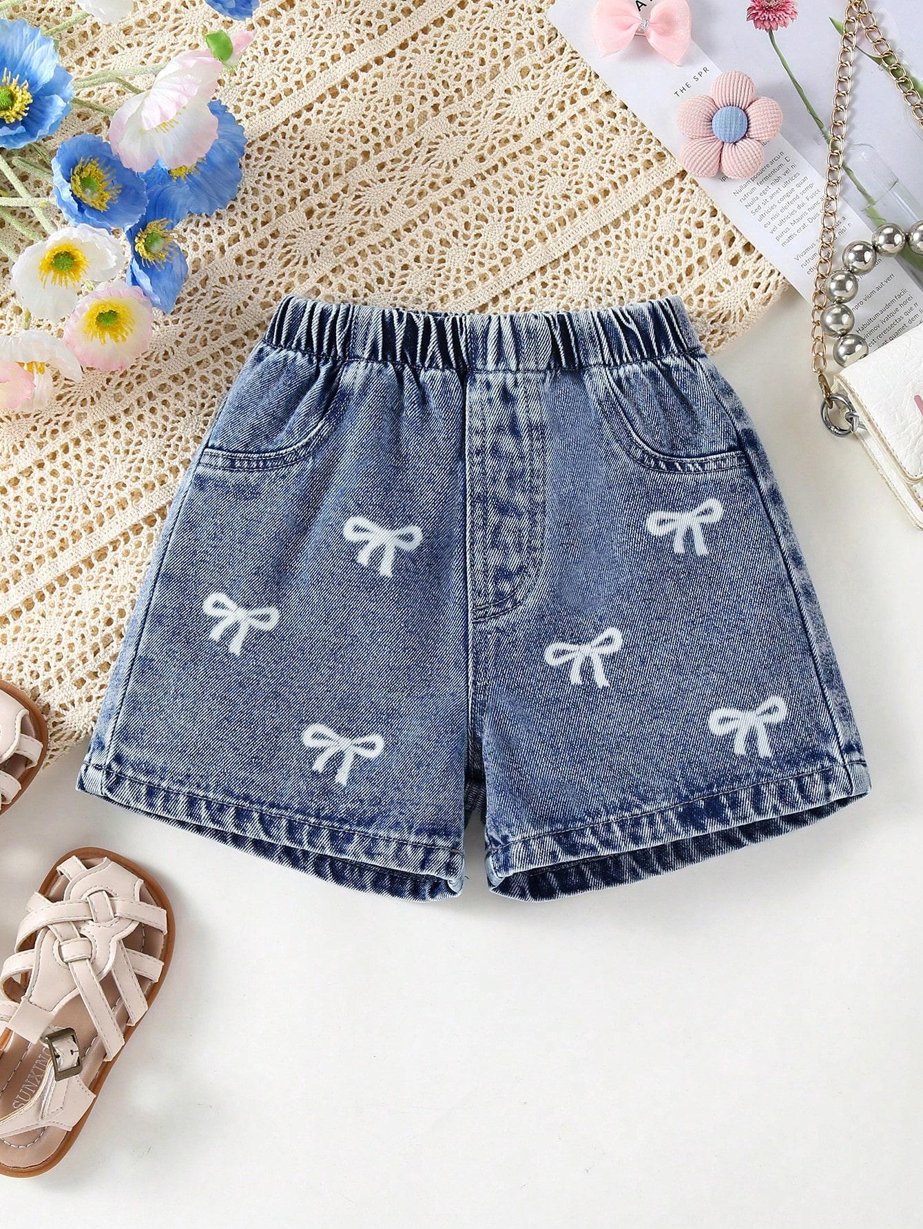 

Single-piece girls outdoor casual fashion summer sweet bow print trendy hot pants denim shorts 2-3Y средний синий