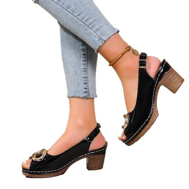 Large-sized Thick-heeled Shoes Fish-mouthed Mid-heeled Sandals Large-sized Sandals Devotion