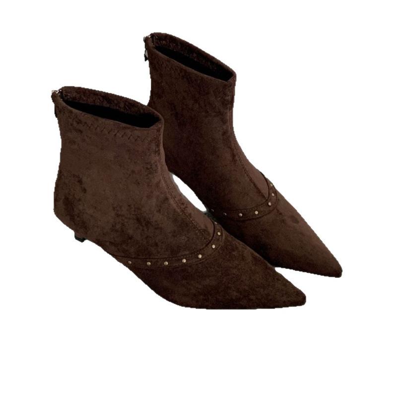 2025 autumn and winter new cross-rivet temperament high heel thin short boots women's pointed head thin heel rear zipper and bare boots