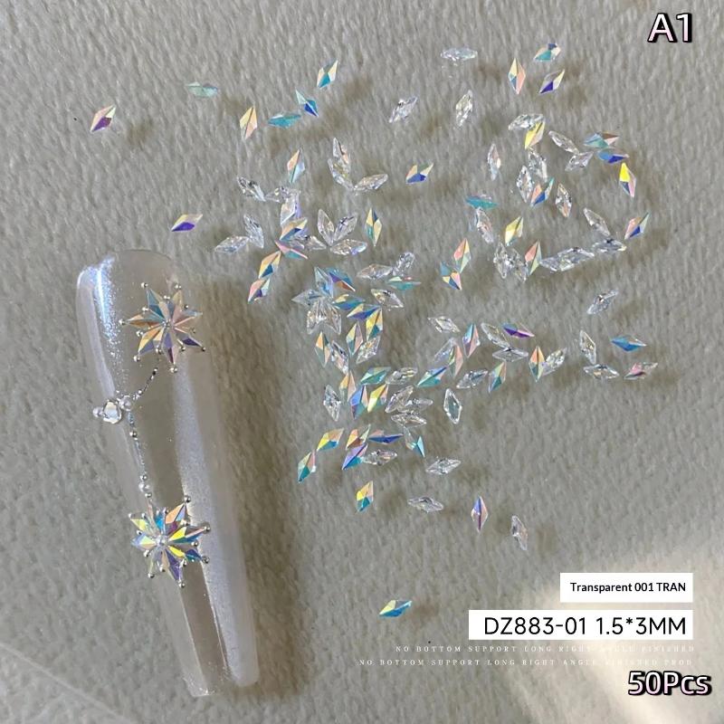 50 Pcs Colorful Rhombus Nail Charms Snowflake Nail Rhinestone Flat Bottom Stereoscopic Nail Decoration Diy Accessories