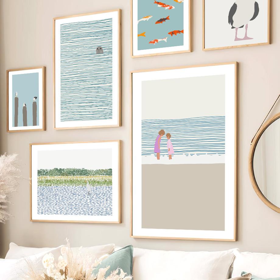 Girl Seal Goldfish Seagull Posters Prints Nordic Canvas Painting Cartoon Modern Wall Art Pictures Kids Room Home Decor