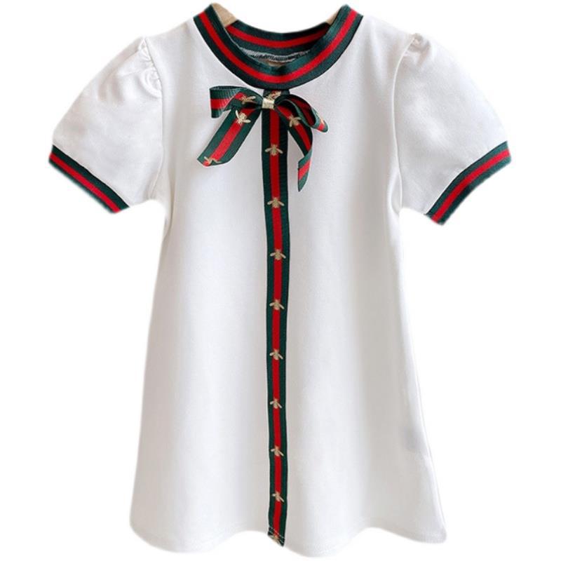 Letní dívčí bavlněné princeznovské šaty v korejském stylu s mašlí, s krátkým rukávem