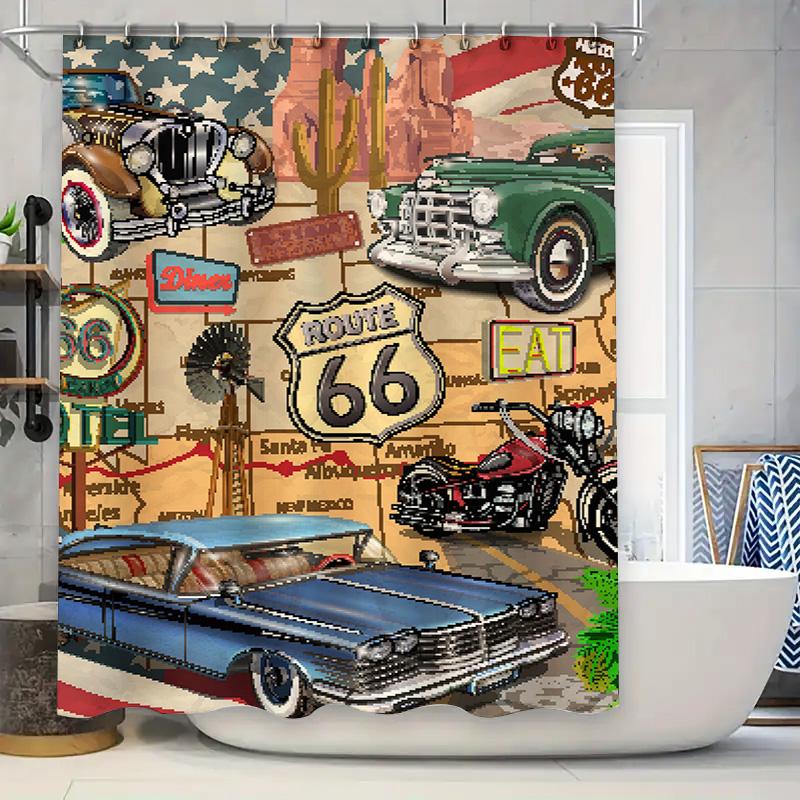 

Vintage Route 66-Themed Car Shower Curtain For Bathroom Decor Pixel Art Style Retro Design Featuring Classic American Automobile W60H190(CM)-1 Pcs