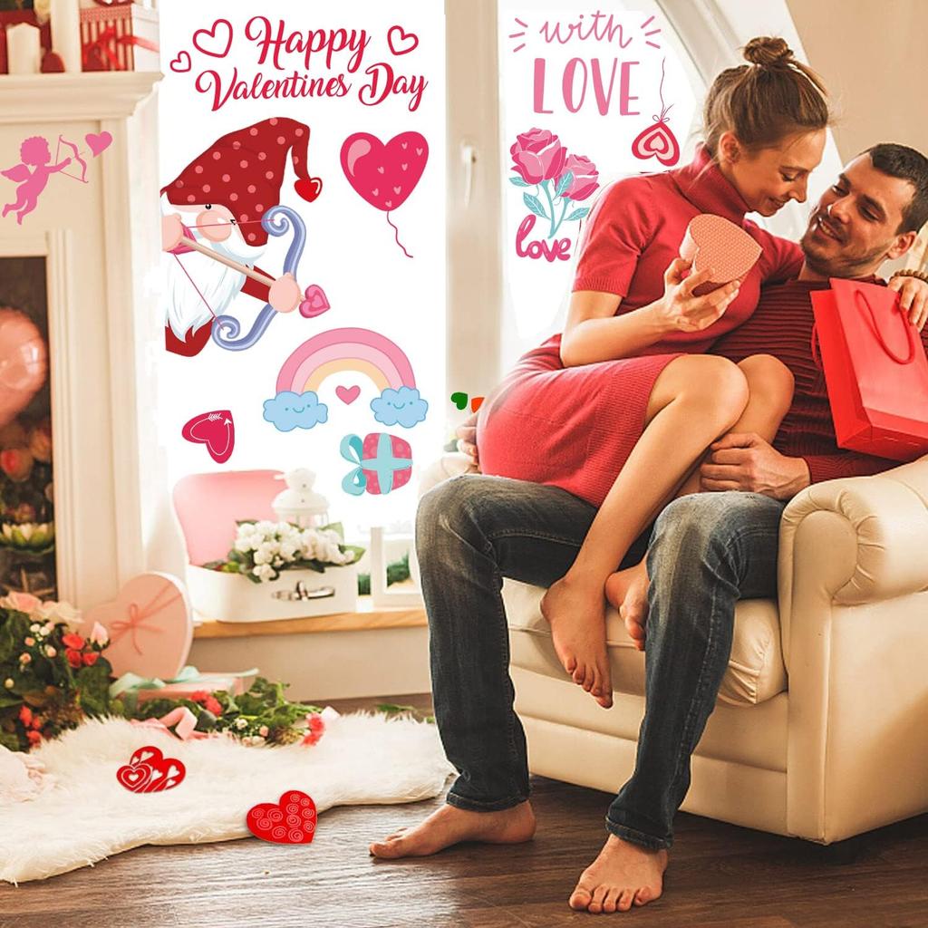 Valentines Day Window Clings Decorations,126Pcs Valentines Window Clings Gnome Heart Decal for Glass,Fabulous for Holiday Decals Family Couples