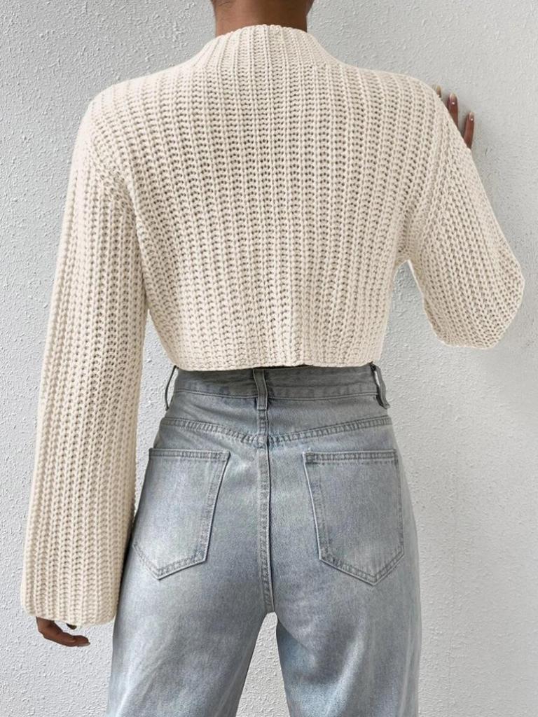 European & American Women's Solid Color Knit Bell Sleeve Cropped Sweater