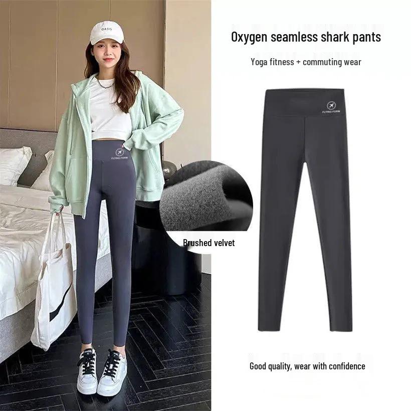 Women's High-Waisted Fleece-Lined Shark Pants - Warm Barbie Yoga Leggings for Autumn/Winter