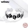 WOSTU Authentic 925 Sterling Silver Footprint Paw Dog Ring For Women Adjustable Open Balck Rings Party Fashion Jewelry CQR603