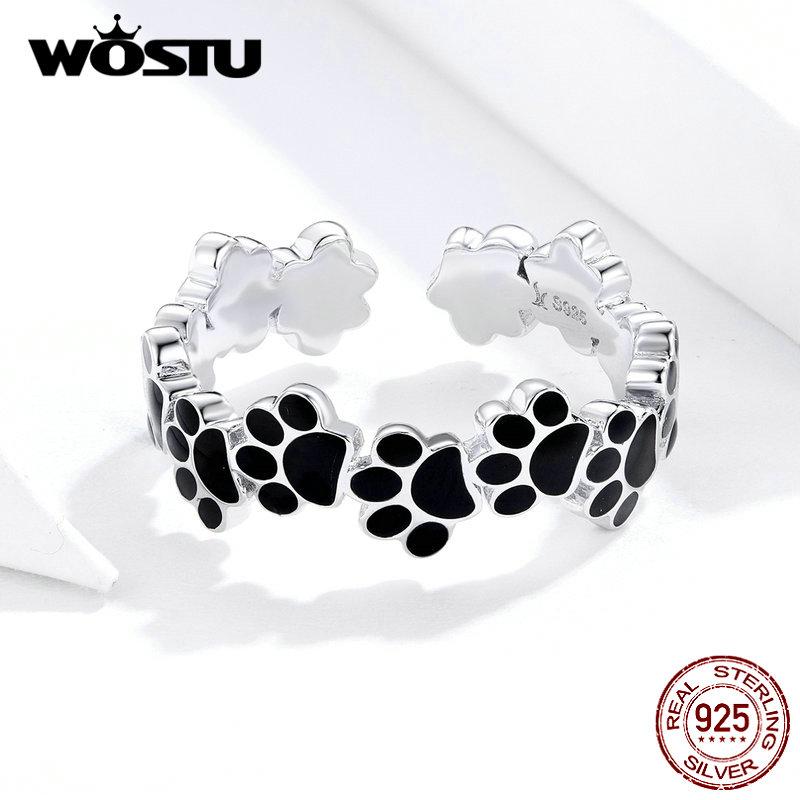 WOSTU Authentic 925 Sterling Silver Footprint Paw Dog Ring For Women Adjustable Open Balck Rings Party Fashion Jewelry CQR603
