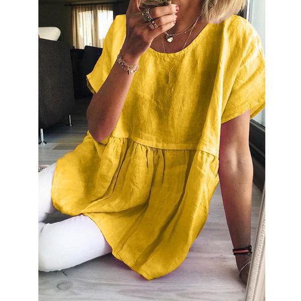 2026 Женская европейско-американская свободная собранная блузка с круглым вырезом, коротким рукавом из хлопка и льна 4XL жёлтый