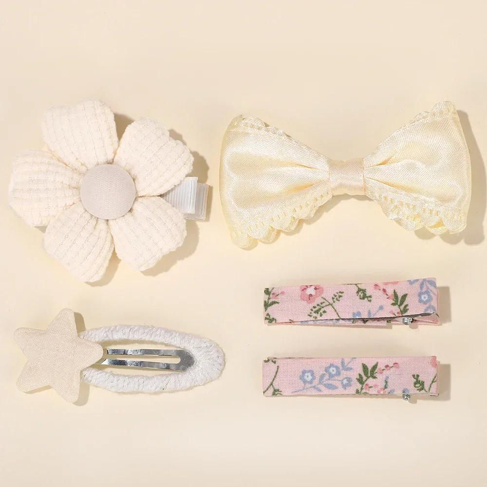 5Pcs/set Girls Hairclips Fresh Cloth BB Hair Bangs Barrette Flower Lace Bows Hairgripes Dopamine Colored Hair Accessories