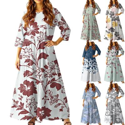 Women's Casual Fashion Floral Print Three-quarter Sleeve Long Dress With Pockets