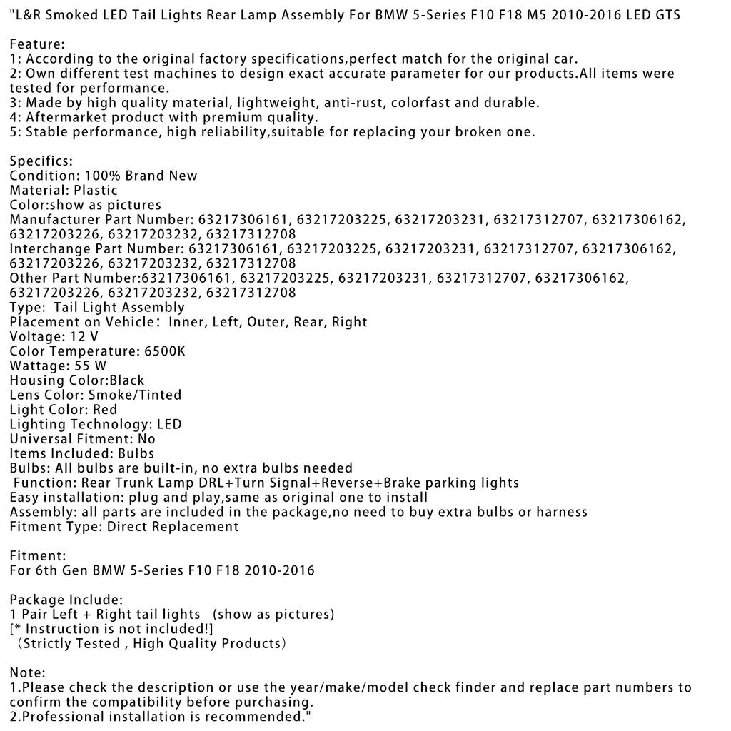 L&R Smoked LED Tail Lights Rear Lamp Assembly For BMW 5F10 F18 M5 2010-2016