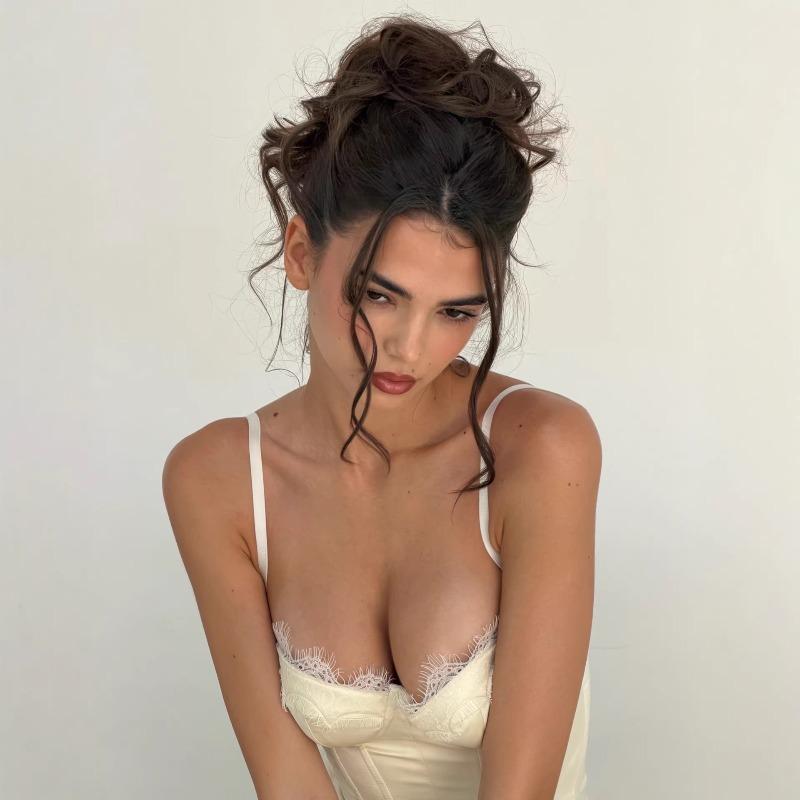 Women Satin Fishbone Corset Mini Dress Lace Trim Spaghetti Strap Bodycon Dress French Style Slim Fit Sexy Sheer Lace Split Short Summer Pure Desire