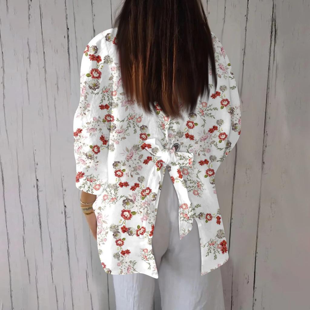 Women's Fashion Seven Sleeve Casual Lapel Back Tie Shirt Printed T-Shirt Top