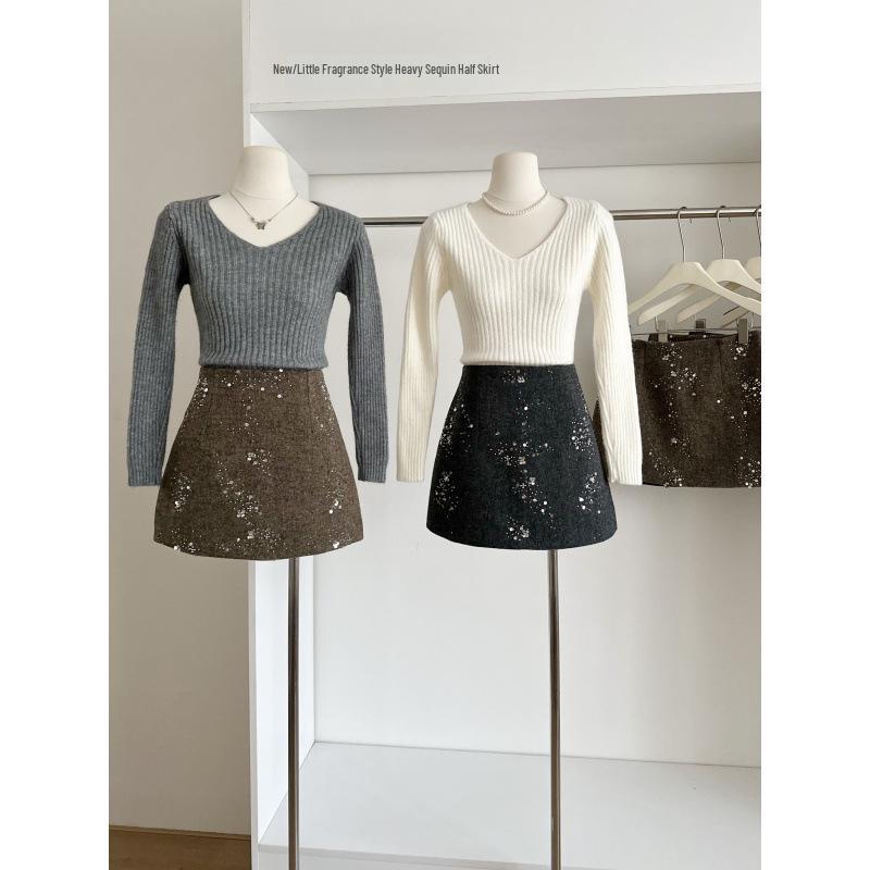 Women s European Style High-Waisted Sequin A-Line Mini Skirt - Autumn/Winter Trendy Slim Fit, Anti-Exposure Design Medium кофейный