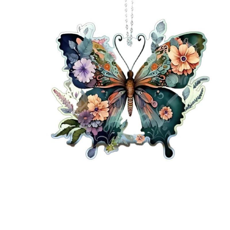 1PC Explosive Acrylic Flat Butterfly Flower Creative Pendant Car Rearview Mirror Decoration Pendant Home Festival