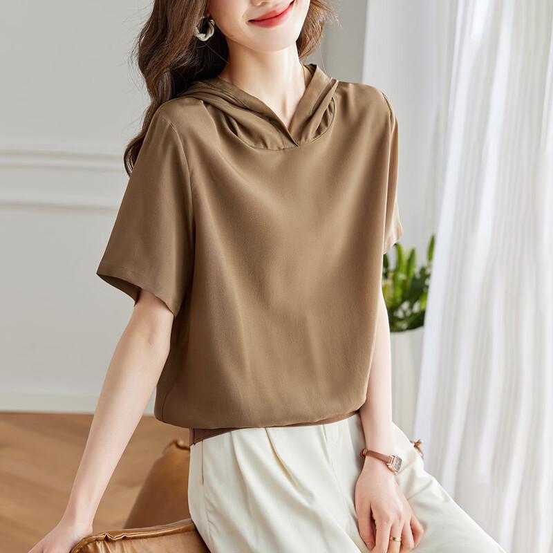 Srcr Women's 100% Mulberry Silk Crepe de Chine Hooded Short-Sleeve T-Shirt
