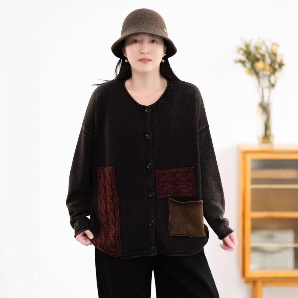 Johnature Women Vintage Winter Sweaters O-Neck Long Sleeve Patchwork Color Button Knitted Female Sweaters