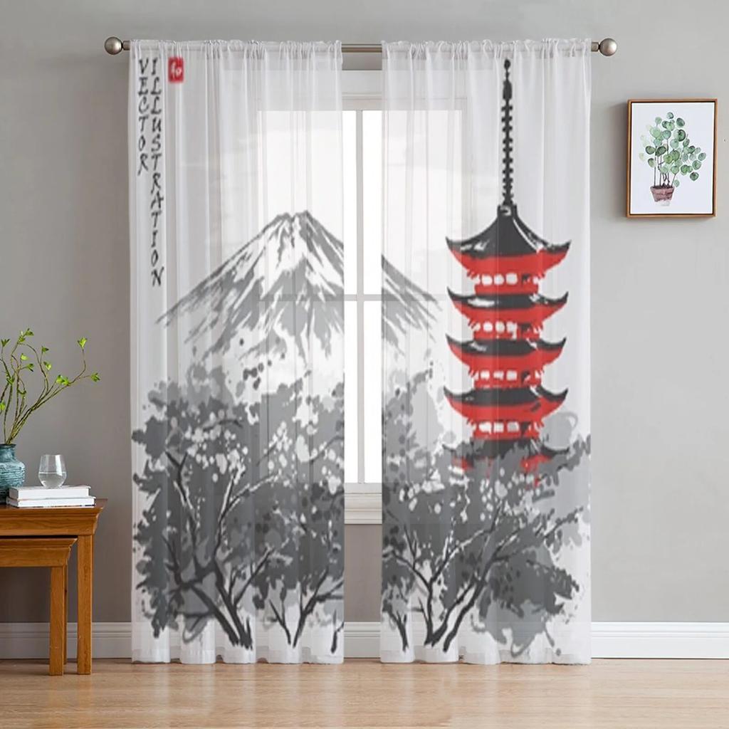 Motivo Giapponese Arte Floreale Tende da Finestra Soggiorno Tende in Tulle Decorazione Cucina Tenda Camera Bambini Trattamento Finestra
