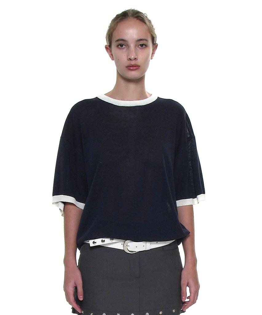 PARTIMENTO WOMEN Linen Oversized Ringer Crewneck Knit_Navy