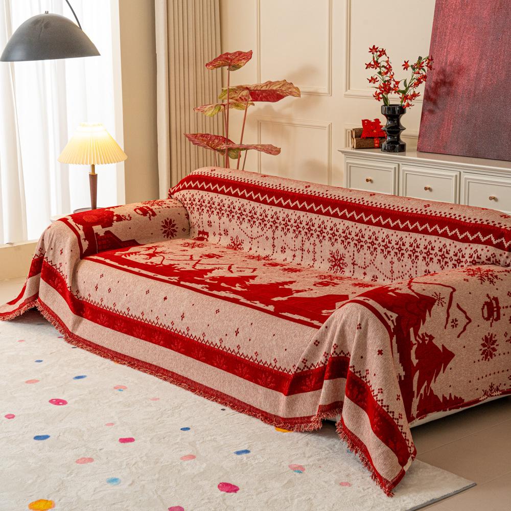 Pătură roșie de Crăciun pentru canapea, cu ciucuri nordici, prosop de aruncare, husă pentru canapea în patru anotimpuri, antipraf, anti-zgârieturi, huse pentru mobilier