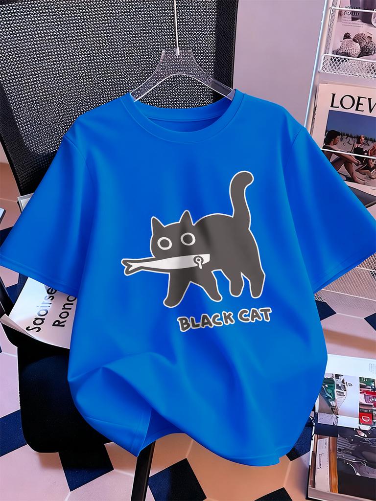 Cartoons Black Cat Prints Short Sleeve T-Shirts Womens Cotton Summer Tee Shirts Soft Loose O-Neck Tops Street Womans Clothes