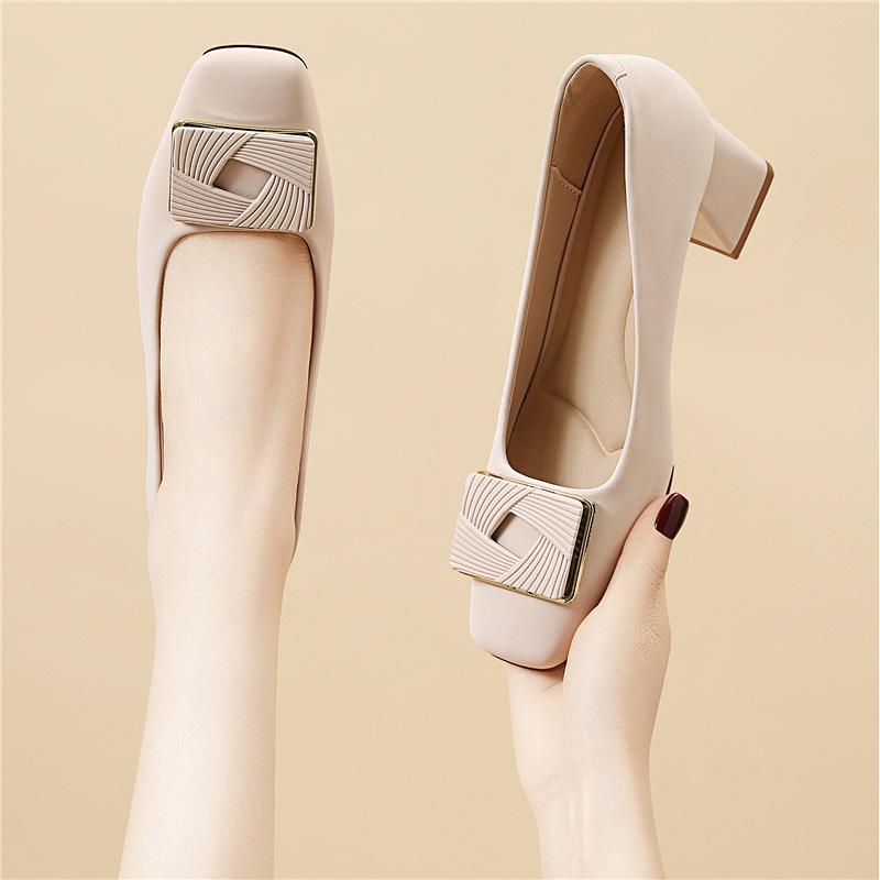 New Single Shoes Women's Autumn and Winter New Thick-heeled High Heels High-end Square-toe Black Work Shoes Are Versatile