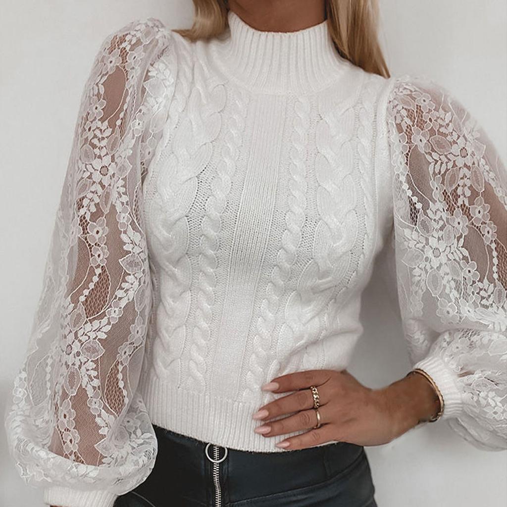 Women  Loose Casual Solid Stitching Long-Sleeved Knitted Lace Sweater