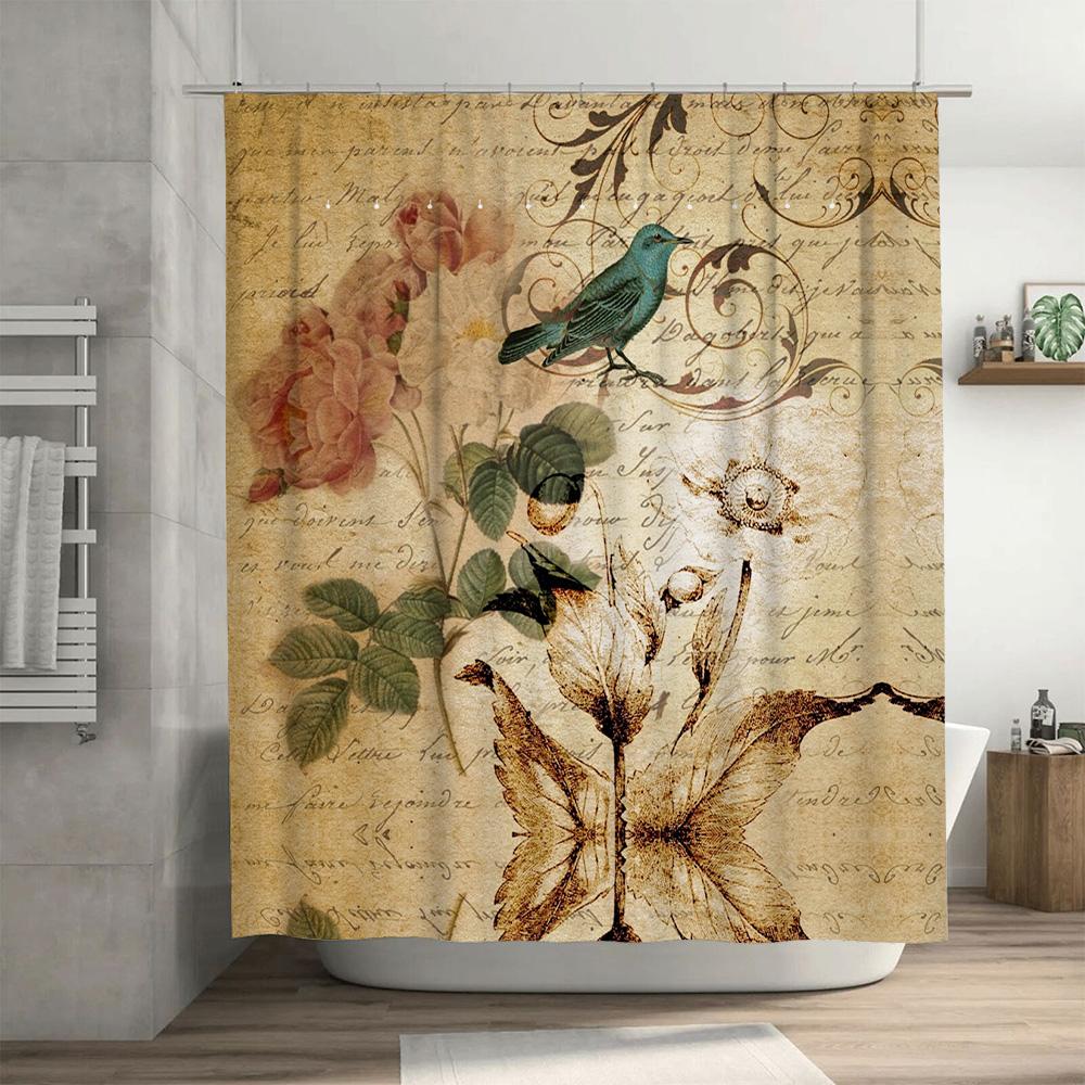 Vintage Bathroom Shower Curtain Decor with Floral Design for Home Decor Waterproof Fabric Hook Rings Set (Green Bird)
