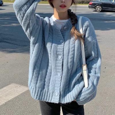 Koreanischen Stil Blau Solide Strickjacke Pullover Frauen Kawaii Oversize Jumper Weibliche Süße Mädchen Oansatz Langarm Grundlegende Tops
