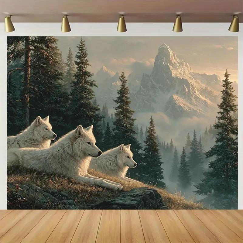 White Wolves Mountain Forest Wall Tapestry 2D Flat Printing Wildlife Art Nature Decor Home Interior Design Living Room Wallpaper