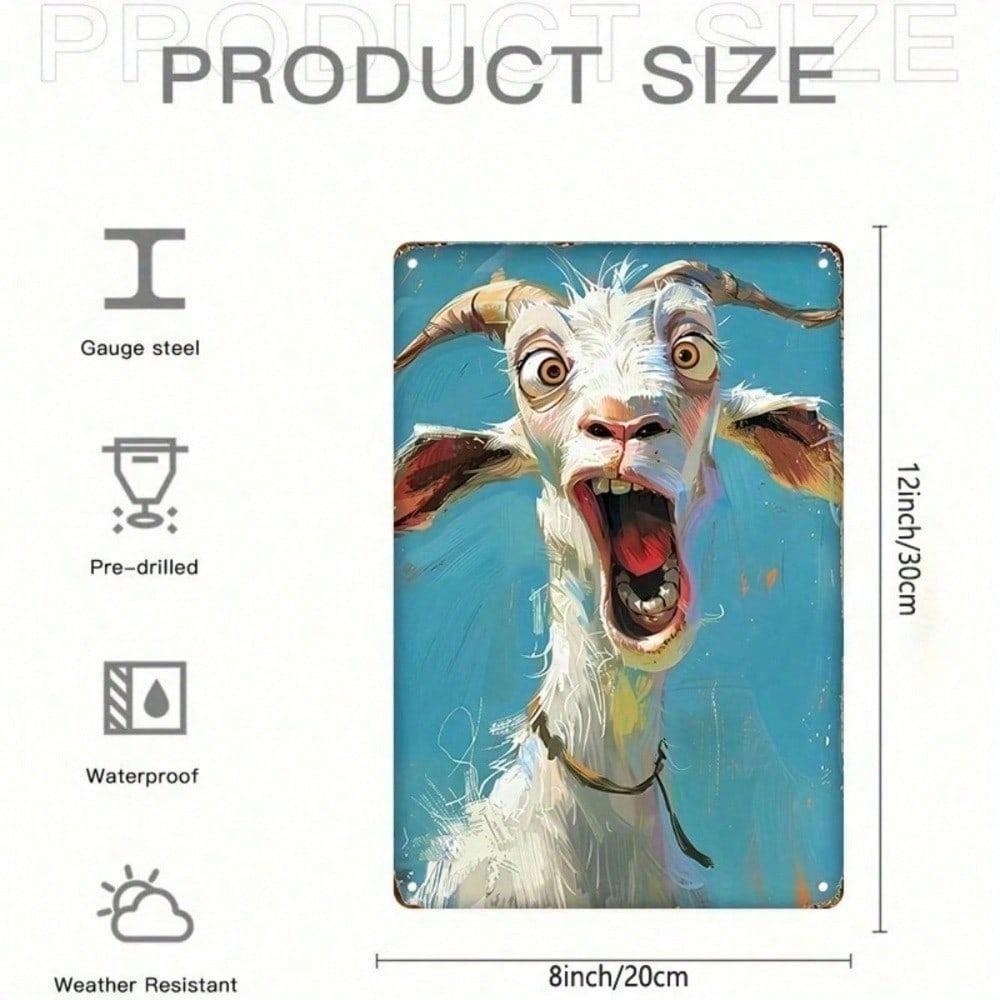 1PC 2D Flat Metal Tin Sign, Funny Screaming Goat Portrait Wall Art, Whimsical Blue Background Animal Poster, Rustic Farmhouse Decor