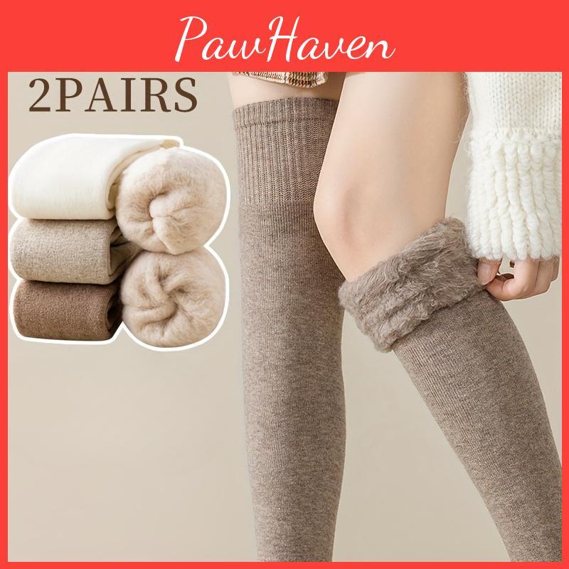 Thick Plush Pairs 2 Solid Lined Thigh High Stockings Warm Slim Fit Over The Knee Socks For Fall Winter Womens Stockings Hosiery