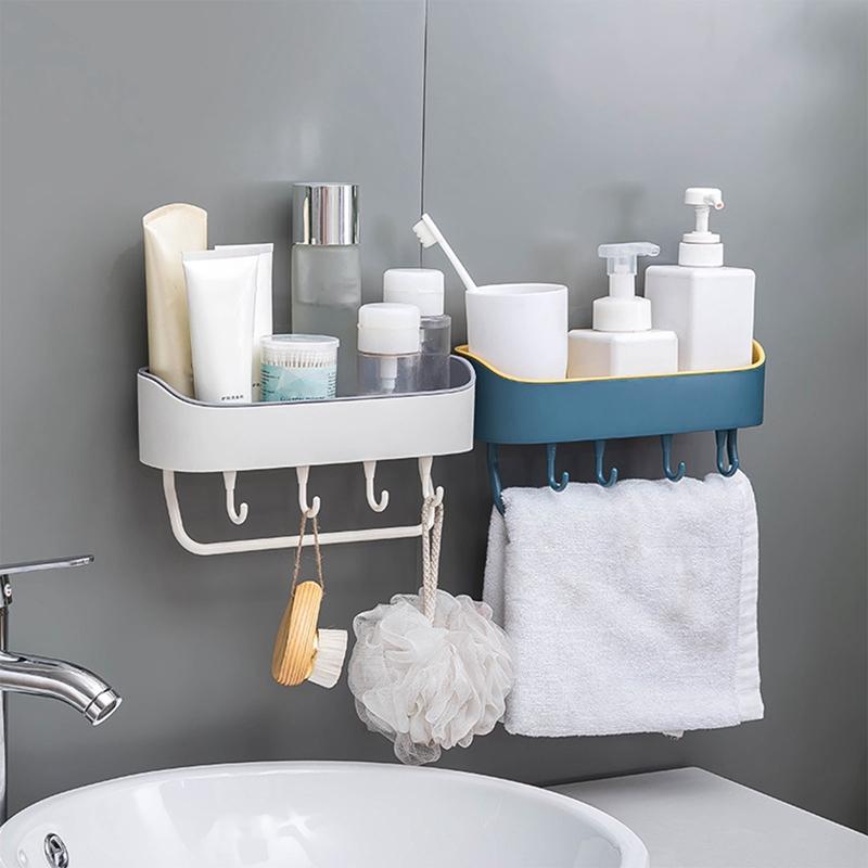 

Multi-function Towel Storage Rack Wall Mount Holder Bathroom Shelves White Plastic Organizer With Hooks