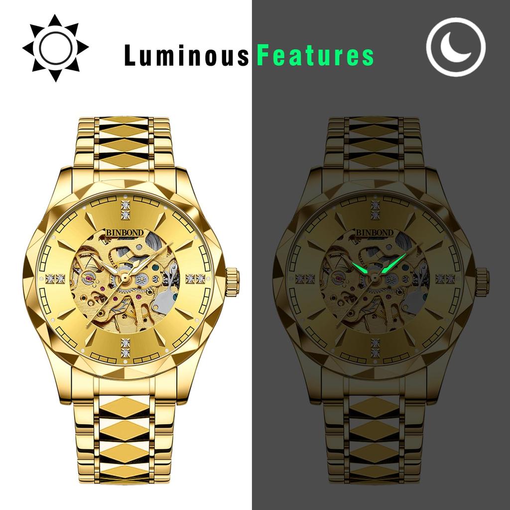 Men's Automatic Skeleton Watch, 3ATM Water Resistant: Luminous, Analog, Stainless Steel, Gold, Simple, Stylish, Casual, Business, Men's Fashion