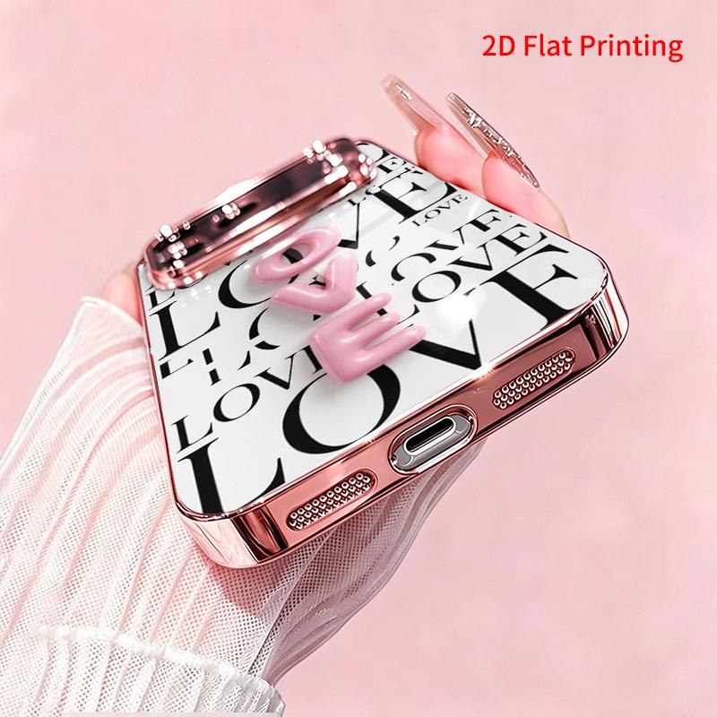 2DFlat electroplated tempered glass phone case,Pink 3D Love Letters on White Background,suitable for iPhone 18 Pro Max 17 16 15 14 13 12 11
