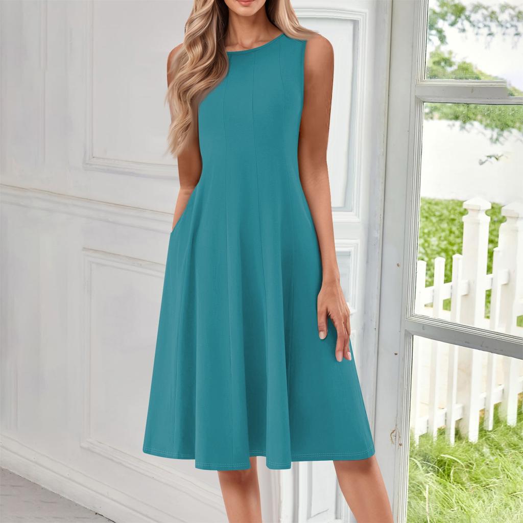 Women's Fashionable Round Neck Sleeveless Solid Color Casual Pullover Mid Length Dress