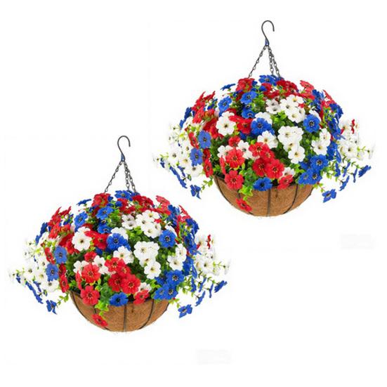Artificial Outdoor Flower with Hanging Baskets, Red White Blue Fake Flower Planter, Patriotic Decor for 4th of July, Porch Garden