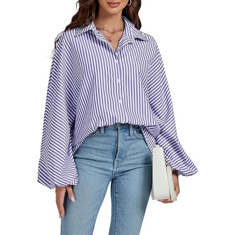 Women's Elegant Loose Casual Single Breasted Striped Shirt Lantern Sleeve Long Sleeve Lapel Shirt